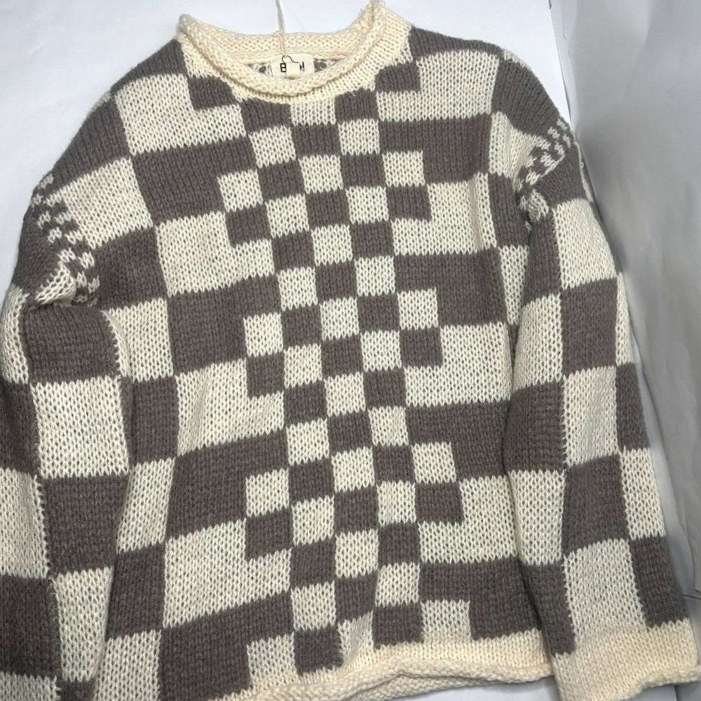 NWT Bibi Mixed Checkered Chunky Knitted Sweater Comfy Mocha Brown Beige Womens - Picture 5 of 8
